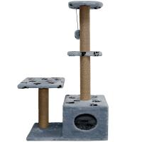 Когтеточка домик с 2-умя полками и домиком квадратная мех джут серый с игрушкой 114*66*38см/DONBARON