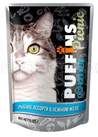 Корм для кошек Пуффинс пикник 85г ЖЕЛЕ рыбное ассорти