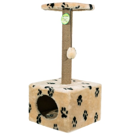 Когтеточка домик с полкой квадрат мех джут беж с игрушкой 35*35*77см/DONBARON