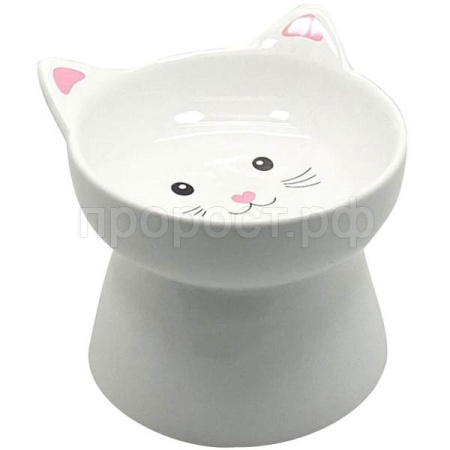 Миска керамика Мордочка кошки на высокой ножке белая 12,5*12,5*11см 200мл/МКР043/Евро