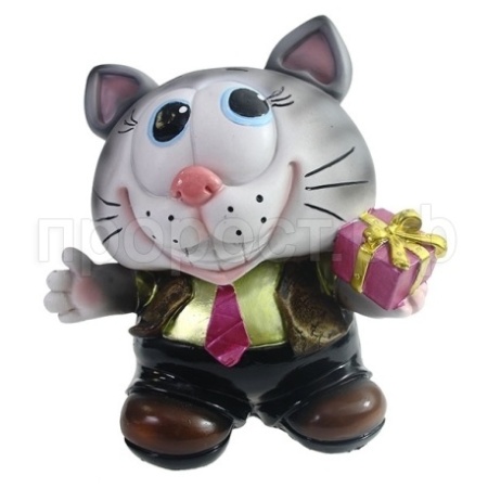 Фигура Копилка Котик с подарком (серый) L14W11.5H15.5см 626456/SK032